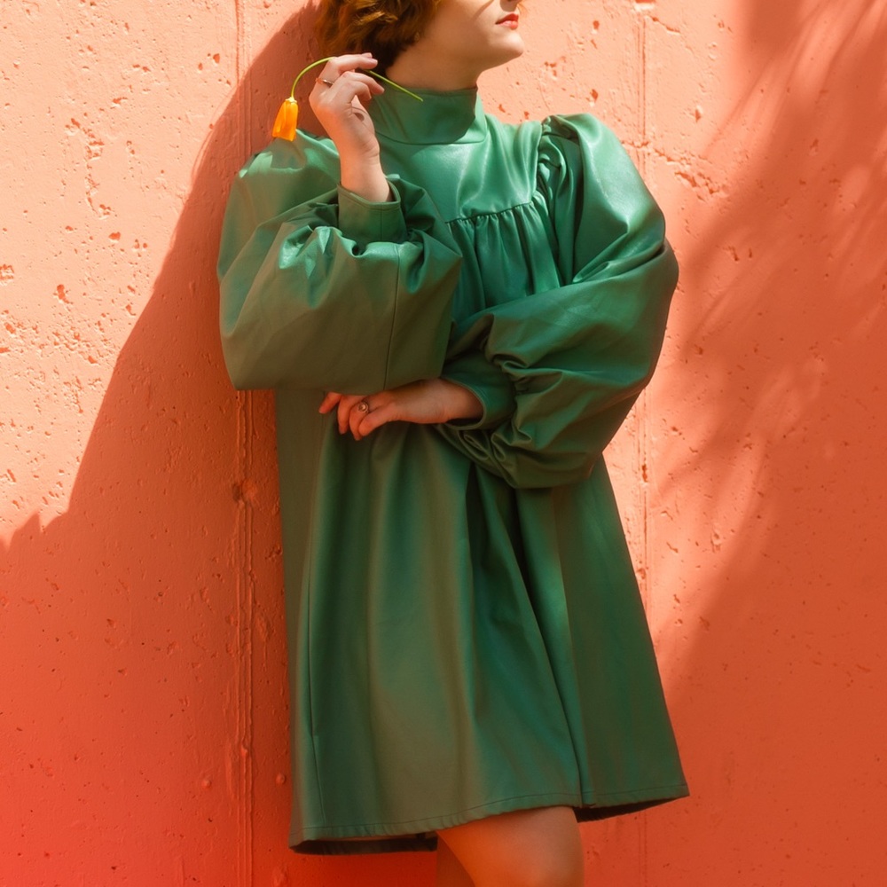 Dusty Green PU Leather Gather Panel Top/Dress, Medium, Premium SHEIN